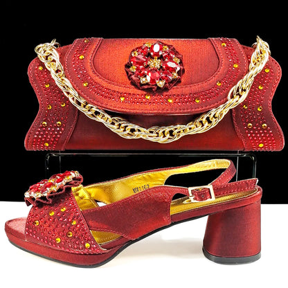 QSGFC Open Toe Women Heels for 2024 Elegant Party Olive Color Diamond Pumps Italian Shoes and Bags Matching Set