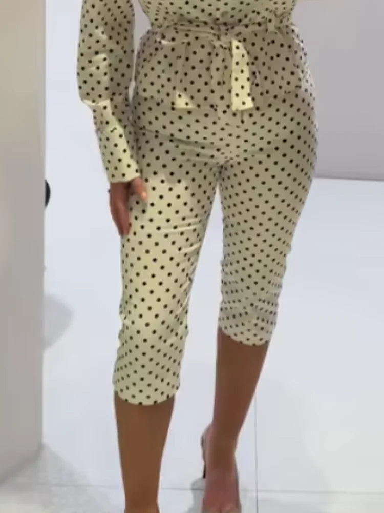 Fashion Polka Dot Cropped Pants Set For Women Y2K Stand Collar Lace Up Jacket High Waist Capri Pants Lady Street 2 Pieces Outfit