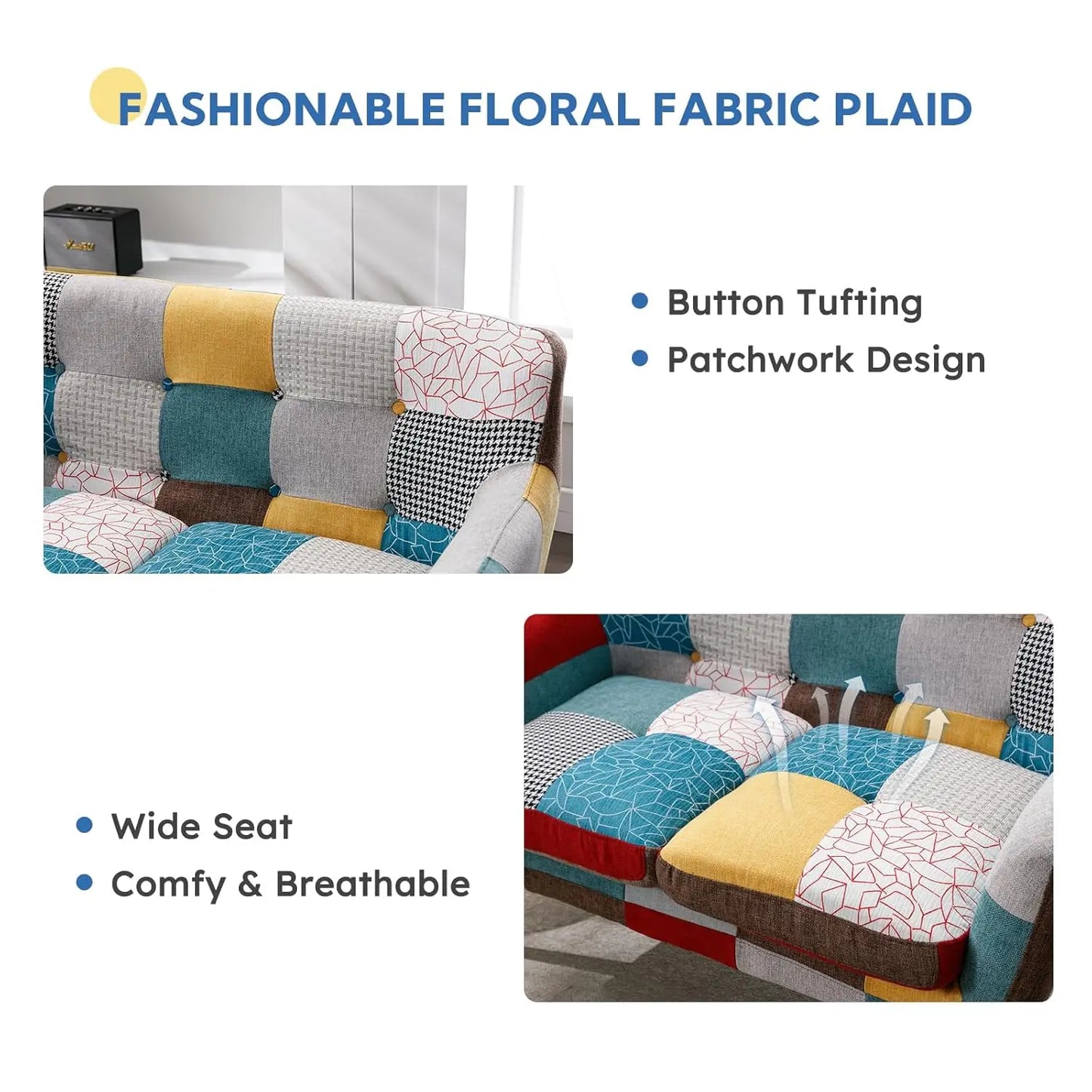 Modern Boho Loveseat Couch Sofa Chair for Living Room Bedroom, Upholstered Colorful Plaid Fabric 2-Seat Love Seat, Customized