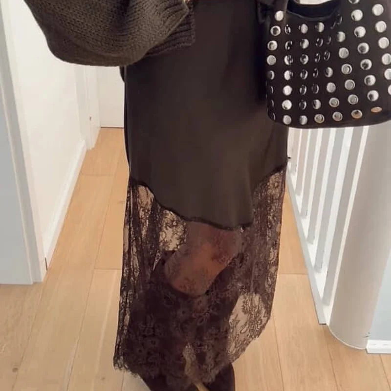 Lady Elegant Patchwork Lace Skirts Fashion High Waist Slim Hollow Out Maxi Skirts 2026 Autumn Women Brown Party Club Skirt