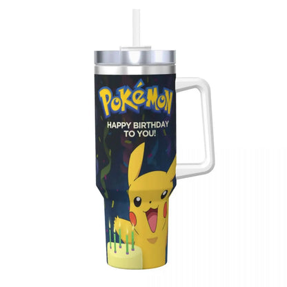 Stainless Steel Tumbler Pikachu Happy Birthday Thermal Mug Insulated Cold Drink Mugs Cup Beach Design Water Bottle