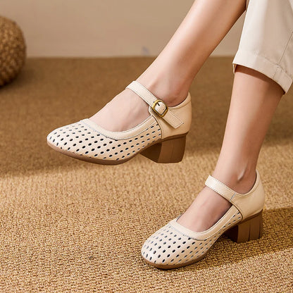 AIYUQI Women Hollow Mary Jane Shoes Genuine Leather Women Sandals Summer Comfortable Middle Aged Mother Shoes