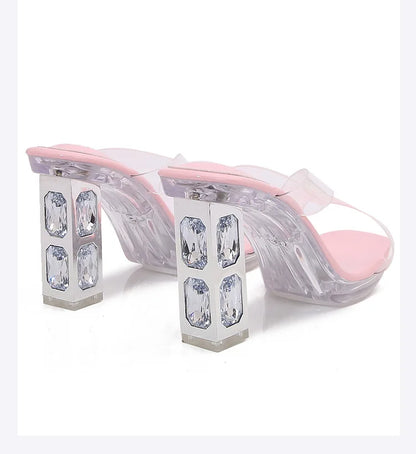 2025 Red High Heels 8cm Women Shoes Rhinestone Thick Heels Square Toe Ladies Pumps Cross Tie Straps Slippers Sandals Party Shoes