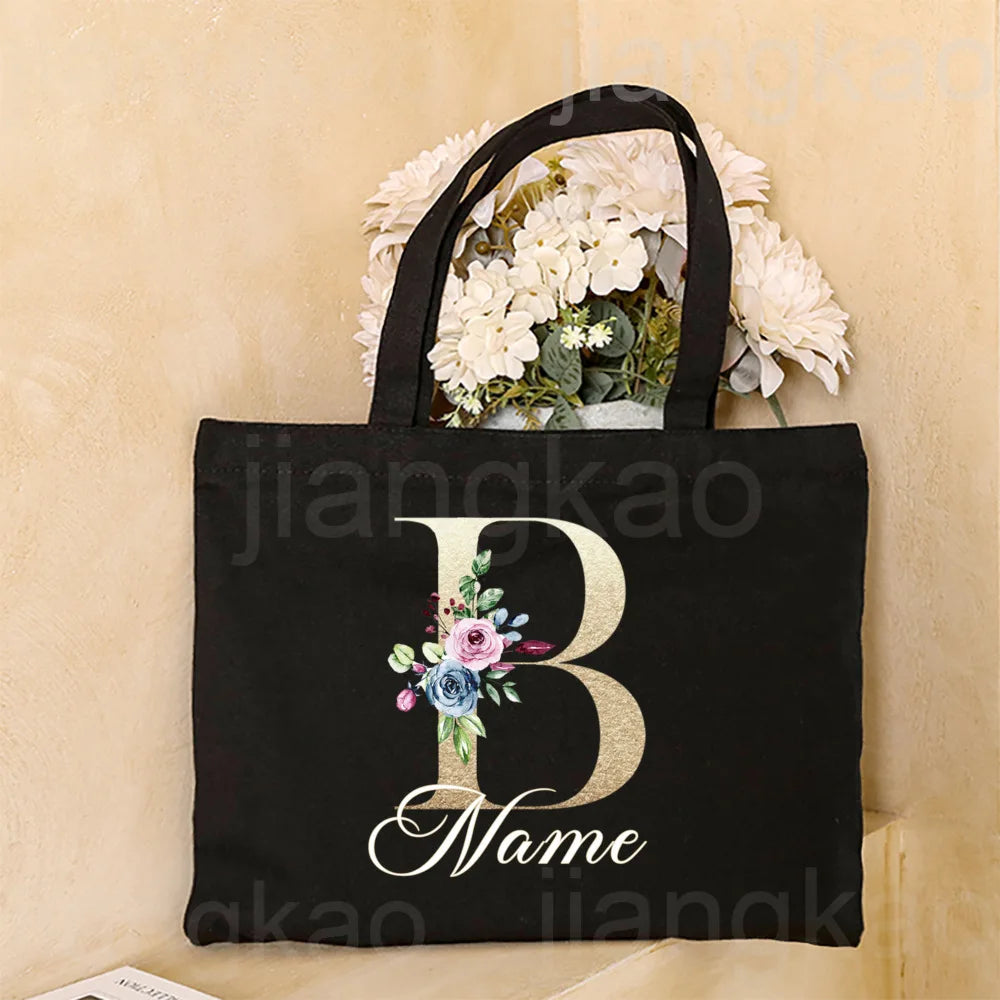 Personalized Initial with Name Tote Bag Women Canvas Shoulder Bags Monogram Shopping Bag Handbags Birthday Wedding Gifts for Her