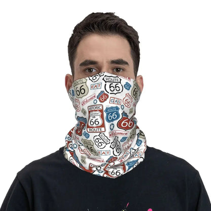 Custom Travel Motorcycle Ride Route 66 Bandana Winter Neck Warmer Windproof Wrap Face Scarf for Hiking Highways Gaiter Headband