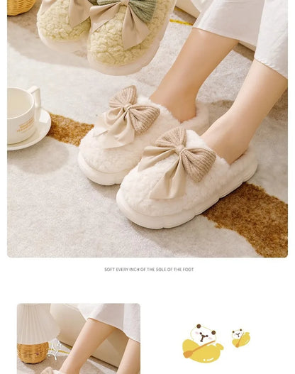 Thick Soled Non Slip Home Plush Slippers 2025 New Cotton Slippers for Women Bow Slippers for Autumn and Winter Warm for Women