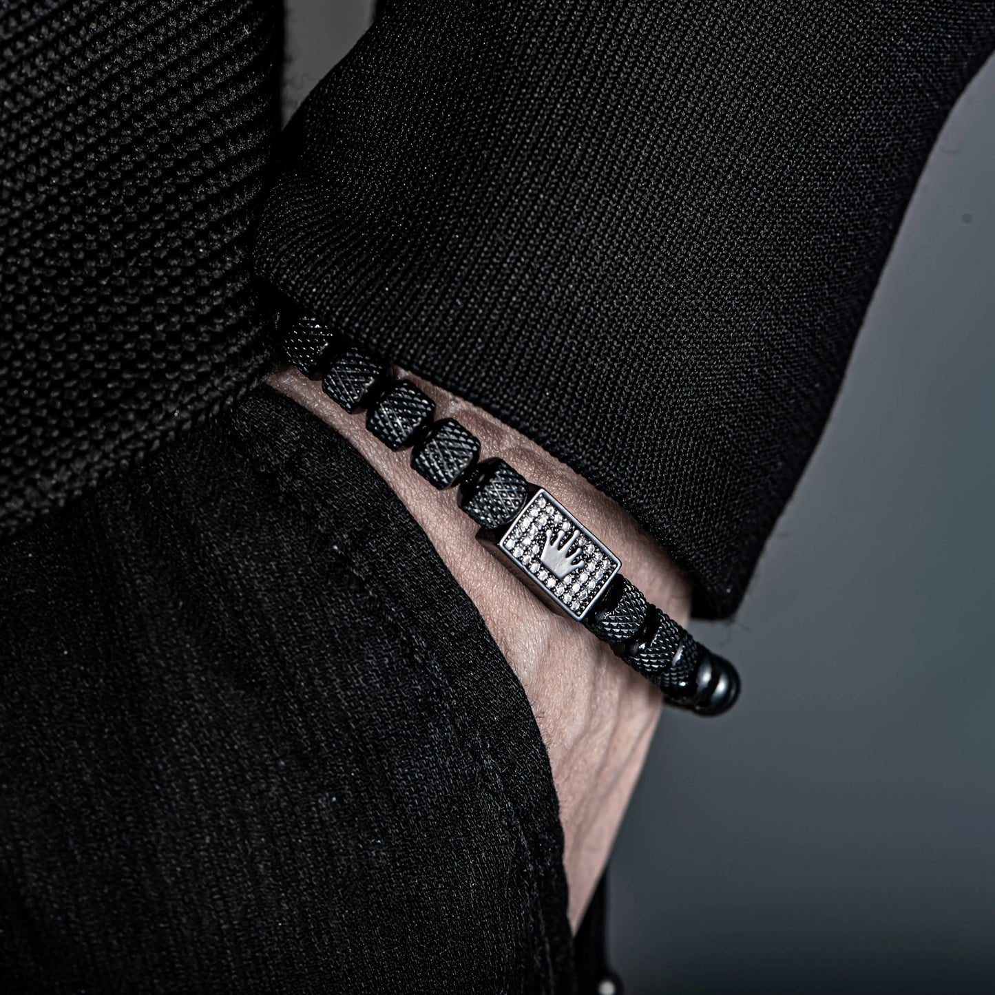 [Micro-Set Bead Bracelet] Luxury Micro-Set Square Crown Bead Adjustable Size Men's Gorgeous Braided Bracelet