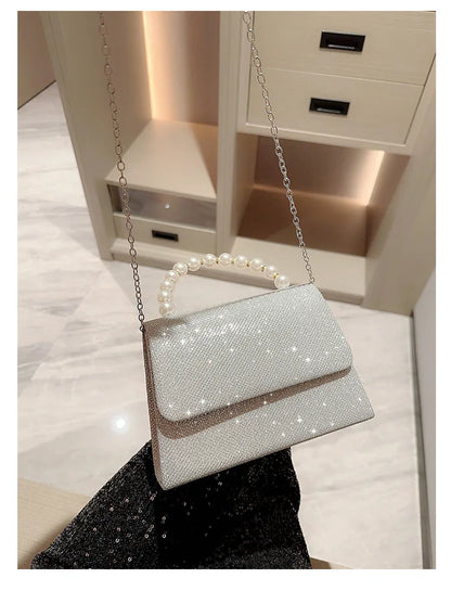 Pearl Chain Shoulder Bags Luxury Purse Gold Bright Silk Evening Bag Women Elegant Fashion Banquet Clutch Female Handbag bolsa