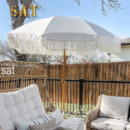 #For 7ft Patio Umbrella with Fringe Outdoor Tassel Umbrella UPF50+ Premium Steel Pole and Ribs Push Button Tilt,  Gazebo&