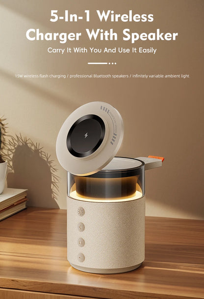 5-in-1 Magnetic Wireless Charging Station with Wireless Speaker Night Light Fast Charger for iPhone iWatch AirPods With Speaker
