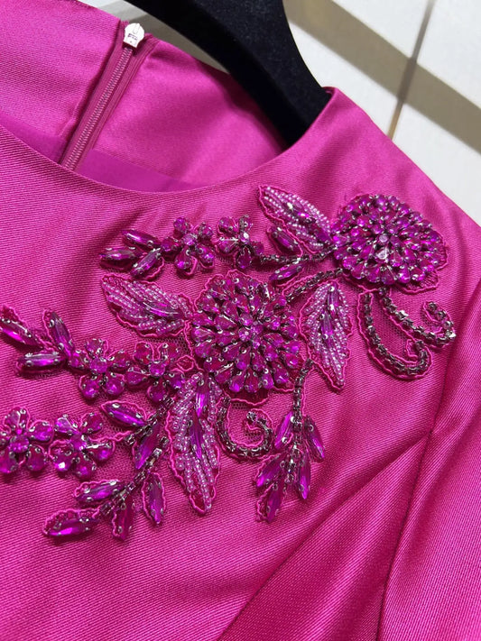 ZJYT Elegant Luxury Diamonds Dress Women 2026 Spring Summer Short Sleeve Midi Special Party Eve Dresses Pink Casual Vestidos