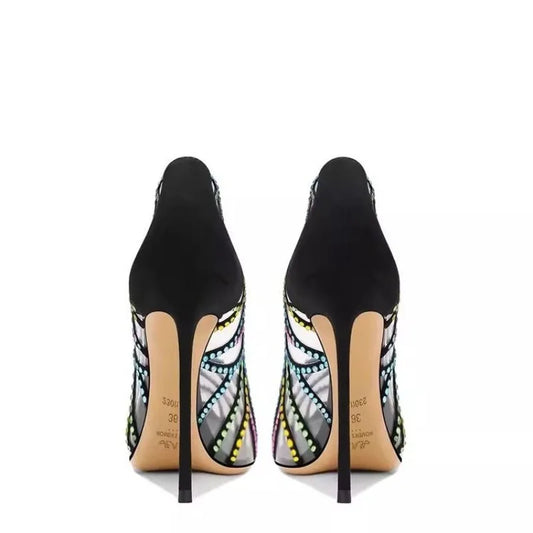 Black Design Sense Niche Transparent Multicolored Rhinestone 2026 New Pointed Toe Stiletto High-heeled Shoes for Women