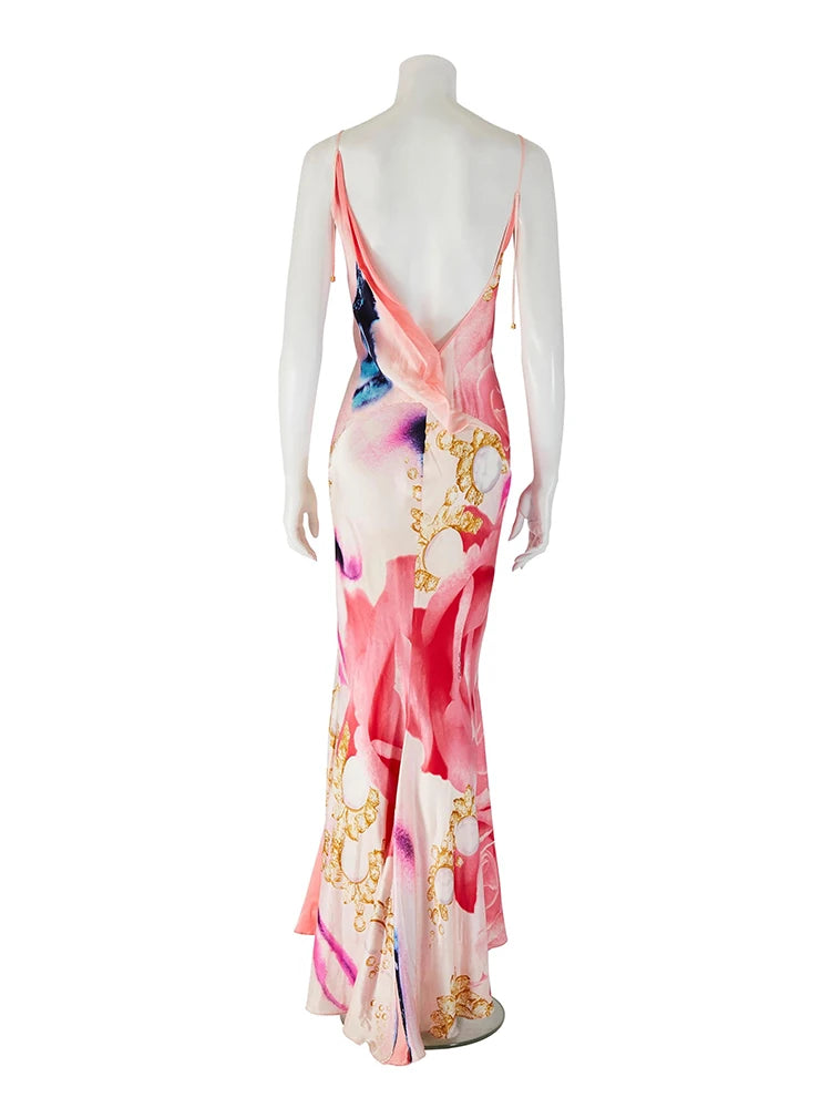Sexy Sling Women's Maxi Dress V-neck Backless Floral Print Sleeveless Long Skirt 2026 NEW Summer Beach Vacation Party Vestido