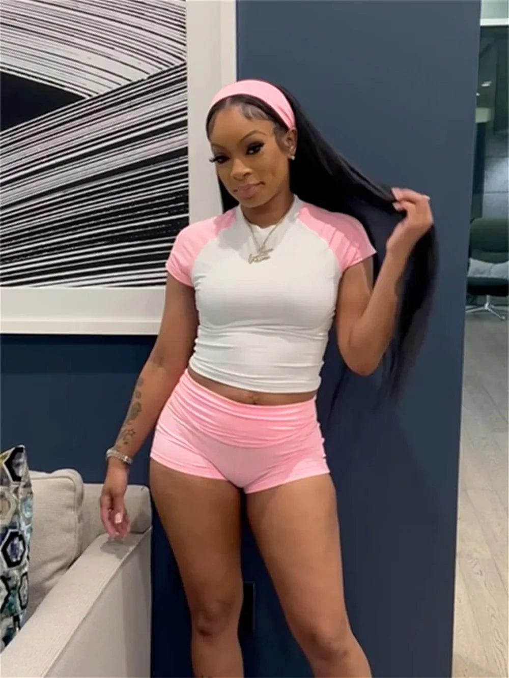 Leosoxs Sporty Patchwork 3 Piece Set Women Casual Summer Headband+Crop Top+High Waist Bike Shorts Street Matching Tracksuit