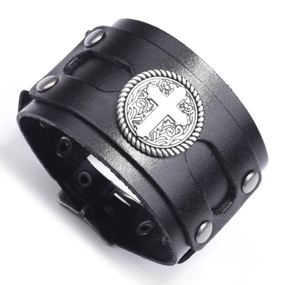 Kirykle Fashion Cross Stud Spikes Rivet Bracelet for Man Adjustable Leather Wristband Bangle Cuff Wide Cuff Punk  Jewelry Gift