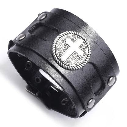 Kirykle Fashion Cross Stud Spikes Rivet Bracelet for Man Adjustable Leather Wristband Bangle Cuff Wide Cuff Punk  Jewelry Gift