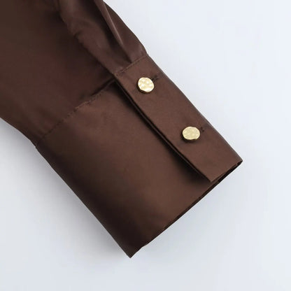DUOPERI Women Fashion Satin Brown Blouse Lapel Neck Long Sleeves Vintage Female Chic Lady Shirts