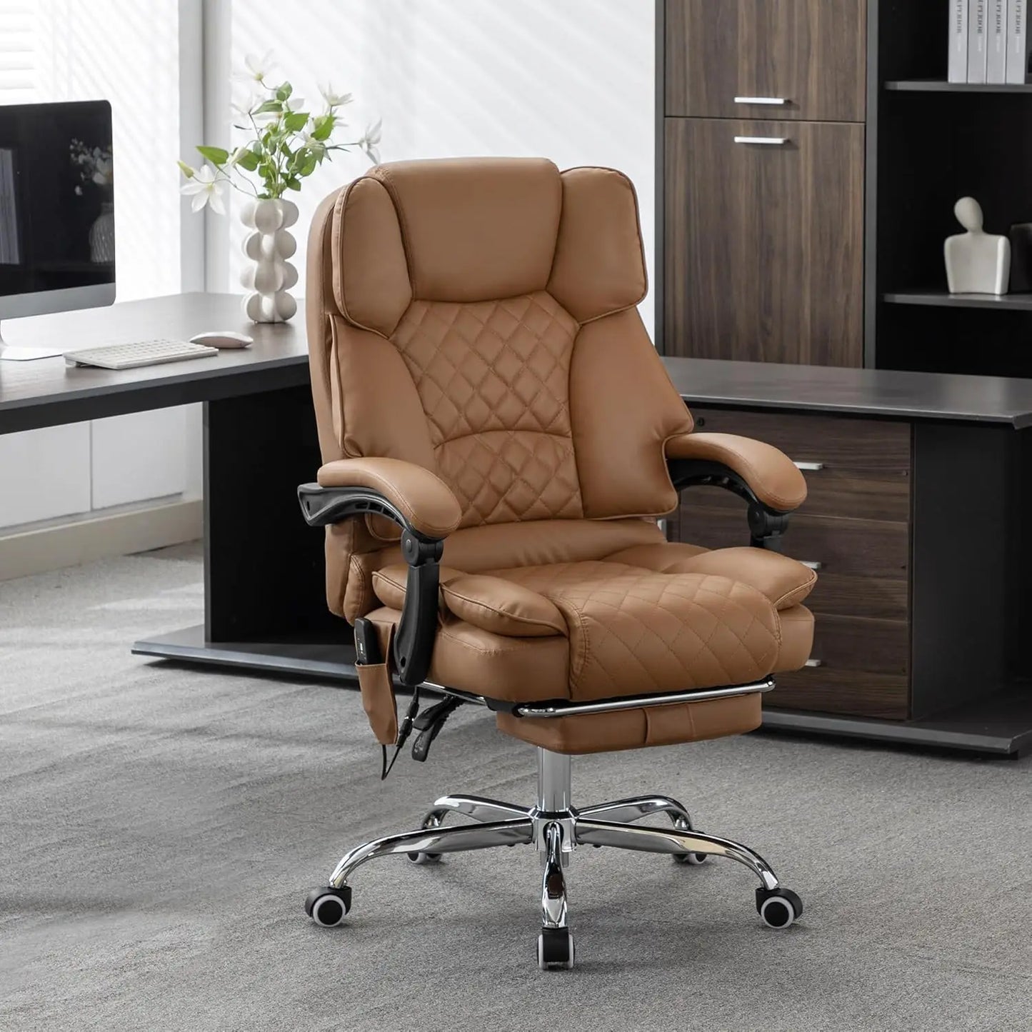 Kneading Massage Executive Office Chair with Heated,90-135° Reclining with Footrest,Ergonomic Desk Chair,Diamond-Stitched Cushio
