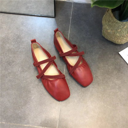 Spring Ballet Flat Shoes Women Comfy Leather Shoes 2024 Women Luxury Women Square Toe Flat Mary Janes Ladies Shoes Double Buckle