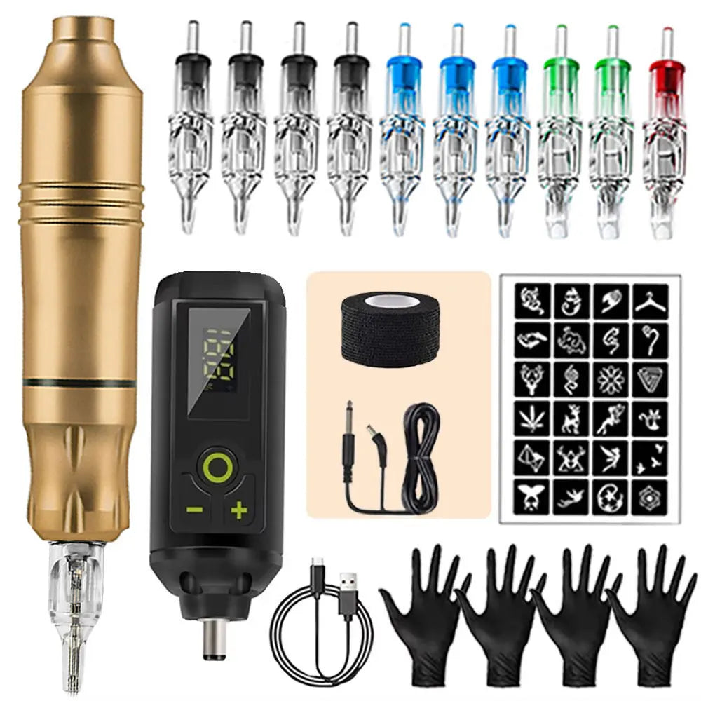 Tattoo Kit Rotary Wireless Tattoo Machine Pen with Tattoo Cartridge Needles Accessories Set Tattoo Design Draw Kit
