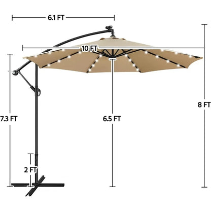 Solar Offset Umbrella with 10FT 32 LED Lights Cantilever Outdoor Umbrellas Handy Crank & Cross Base  for The Beach for Backyard