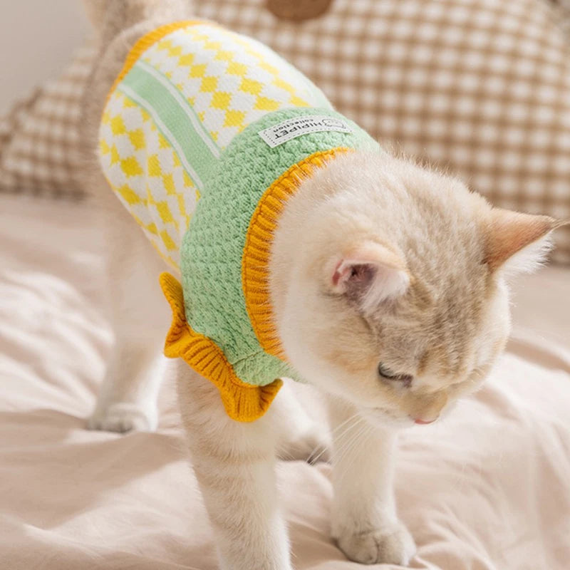 Diamond Grid Solid Cat Sweaters Warm Wool Knitting Winter Sphinx Small Dogs Clothing Ruffle Sleeve Female Girl Puppy Overalls