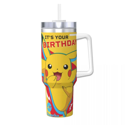 Stainless Steel Tumbler Pikachu Happy Birthday Thermal Mug Insulated Cold Drink Mugs Cup Beach Design Water Bottle