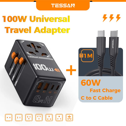 TESSAN 35W/65W/100W GaN Universal Travel Adapter with USB Ports Type C Fast Charging Power Adapter EU/UK/USA/AUS Plug for Travel