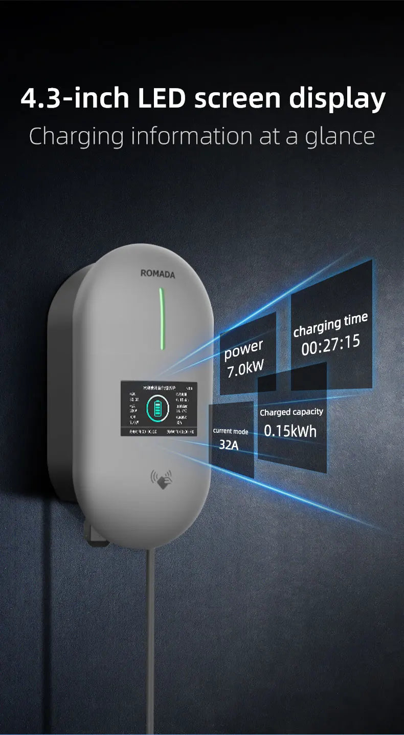 ROMADA EV Charging Station 32A Electric Vehicle Car Charger EVSE Wallbox Wallmount 7KW Type2 Cable IEC62196 Bluetoo APP Control
