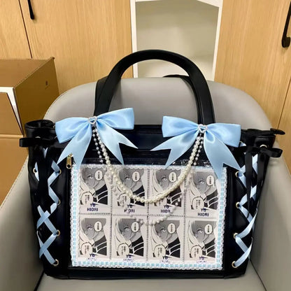 New Ribbon Cute Handbag for Women Large Capacity Transparent DIY Badge One-shoulder Tote Bag Japanese Sweet Girl Ulzzang Ita Bag