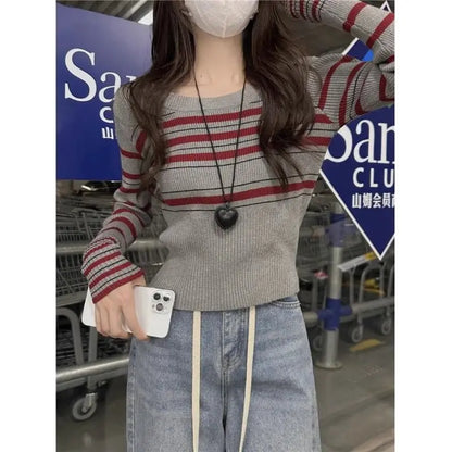 Gray Striped Round Neck Straight Shoulder Long Sleeve Sweater Women's Short Base Shirt Top