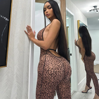 Hugcitar Leopard Print Halter Backless Slip Sexy Bodycon Jumpsuit 2025 Spring Summer Casual Outfits Streetwear Festival Romper