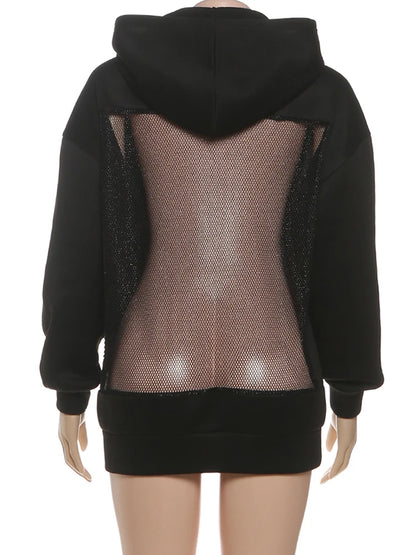 Weird Puss Harajuku Hooded Sweatshirt Women Autumn Trend Backless Glitter Mesh Patchwork Casual Streetwear Hipster Pulloverr