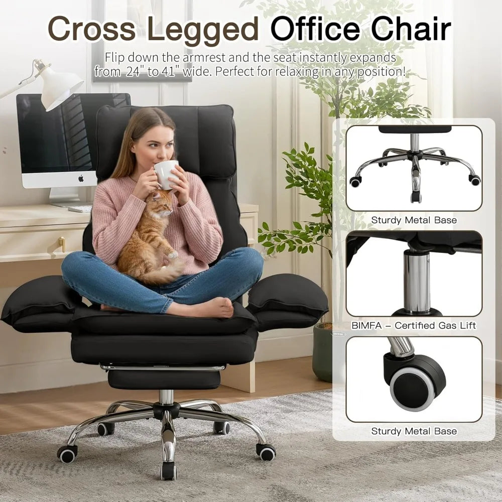 Ergonomic Cloud Cross Legged Office Chair with Footrest,Leather Big and Tall Executive Chair with Wheels,Reversible, Customized
