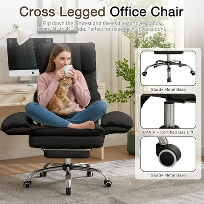 Ergonomic Cloud Cross Legged Office Chair with Footrest,Leather Big and Tall Executive Chair with Wheels,Reversible, Customized
