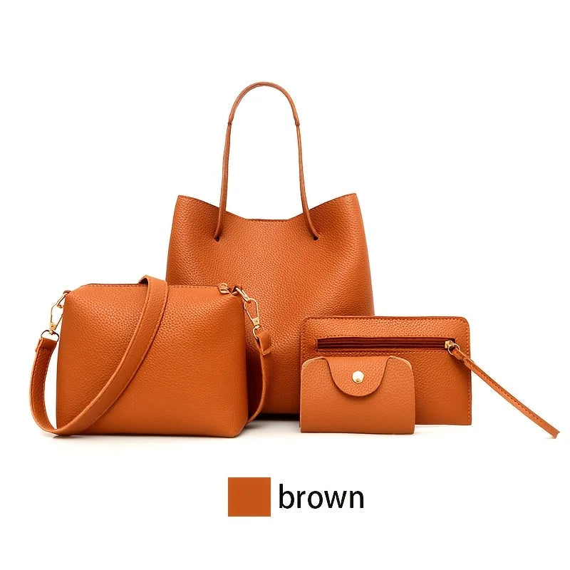 New 4pc Large Capacity Leather Handbag Solid Color Lychee Texture Shoulder Bag Bucket Bag Purse