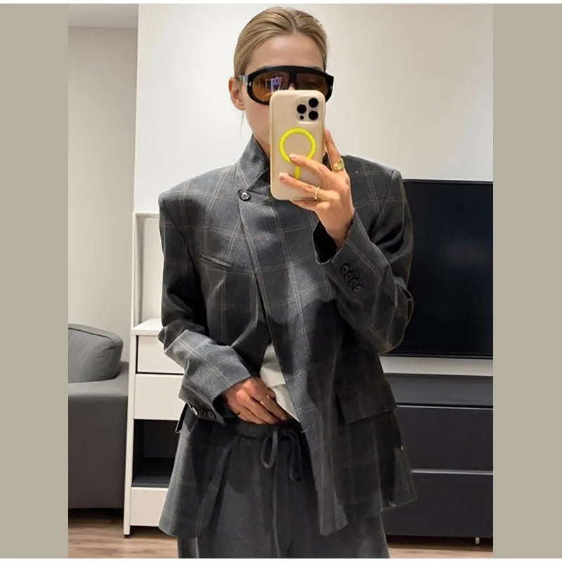 Irregular Plaid Blazer Jacket Women Fashion Stand Collar Full Sleeve Split Loose Short Coat 2026 Lady Daily Commute Outerwear
