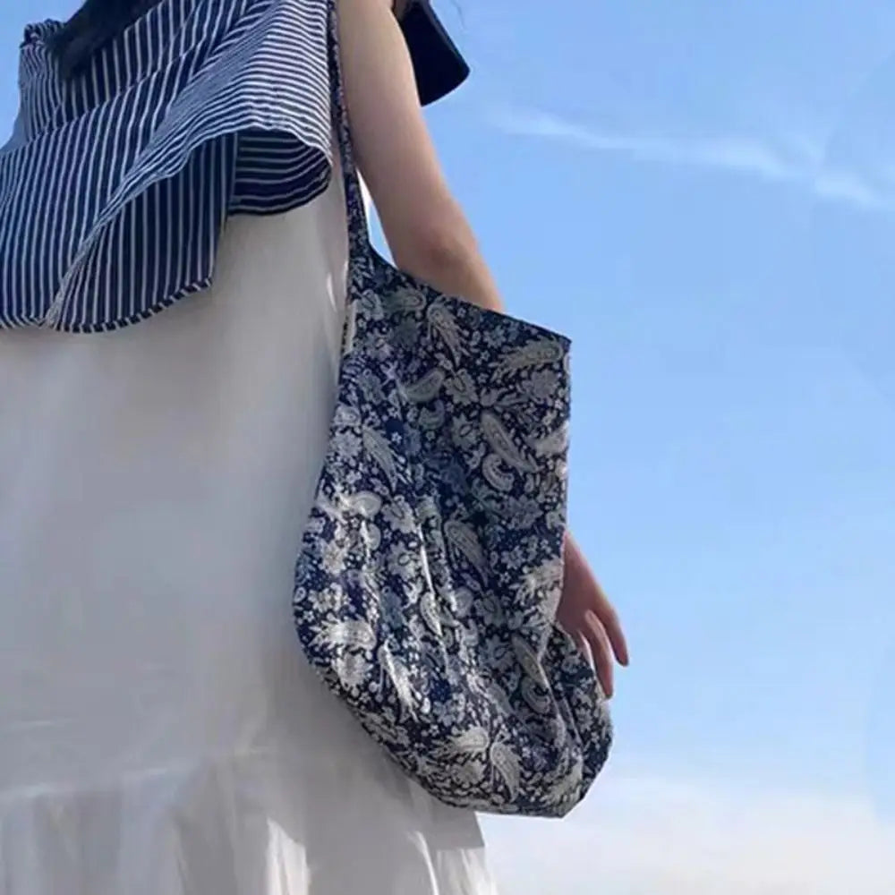 Portable Cotton Shopping Bag Bandanna Print Open Pocket Handbags Reusable High-capacity Books Bag Travel
