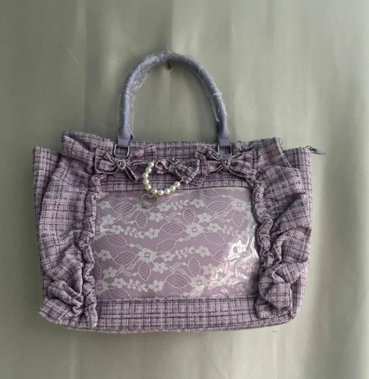 Sweet Y2k Aesthetic Transparent Bow Ita Bag Casual Chic Ruffle Fashion Women's Handbags All Match Kawaii Shoulder Crossbody Bags