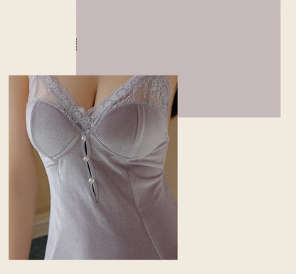REBEYULI Sexy Sleepwear Women Deep V Solid Lace Velvet Mini Dress with Chest Pad Sweet Fly Sleeves Casual Robe Gown Set Women
