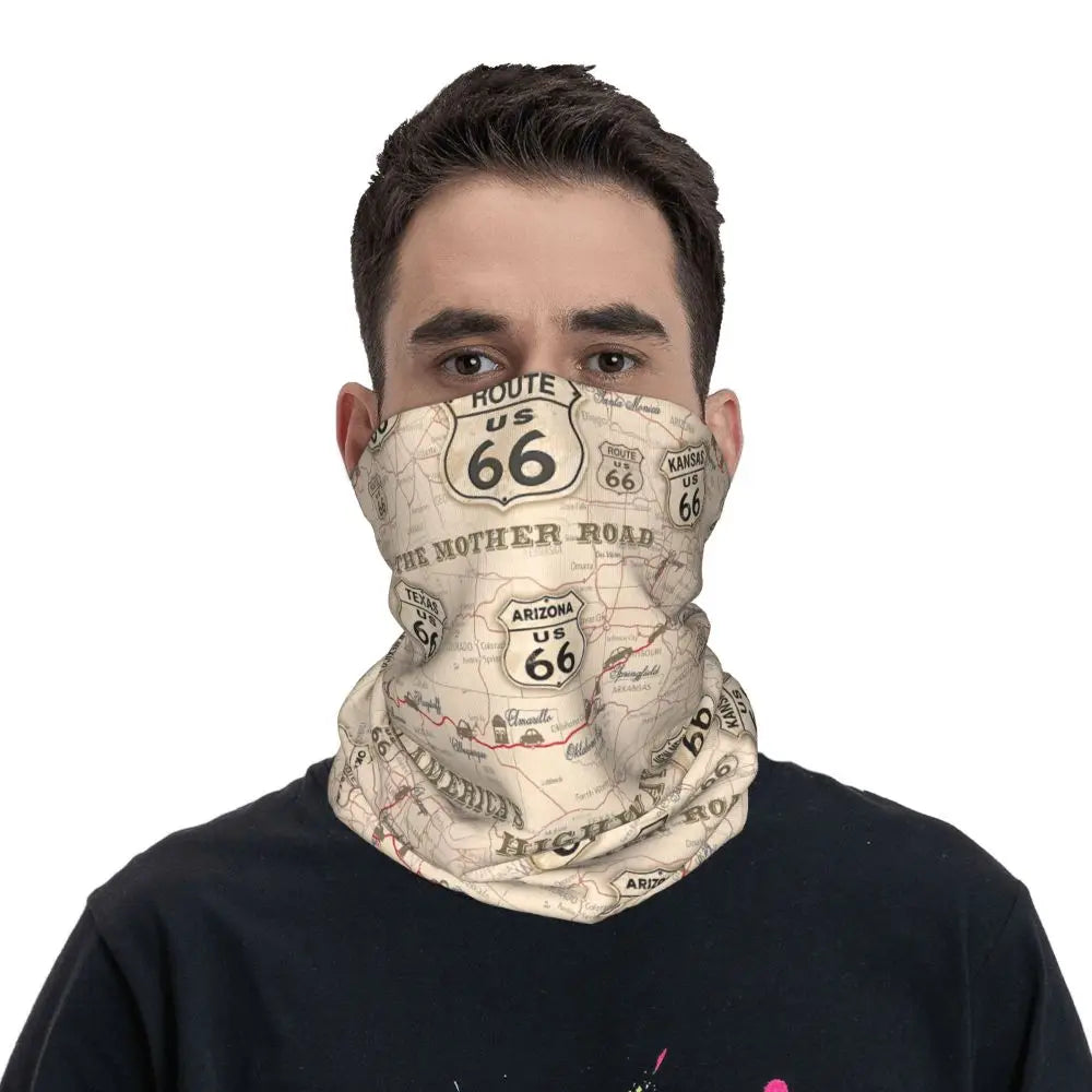 Custom Travel Motorcycle Ride Route 66 Bandana Winter Neck Warmer Windproof Wrap Face Scarf for Hiking Highways Gaiter Headband