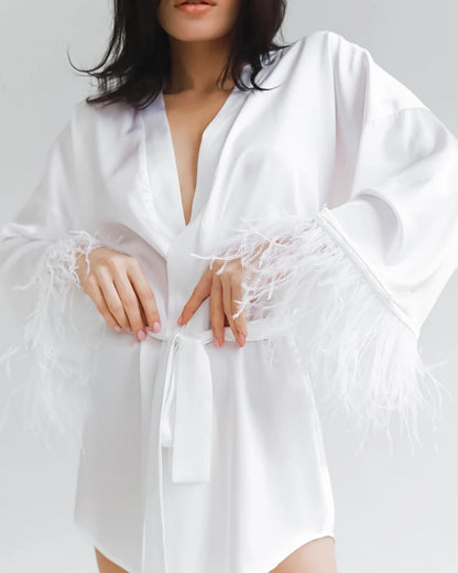 Feather Bathrobes Satin Sexy Mini Dress Long Sleeve Loose Peignoirs For Women Robe White Wedding Dress Black Bride Dresses