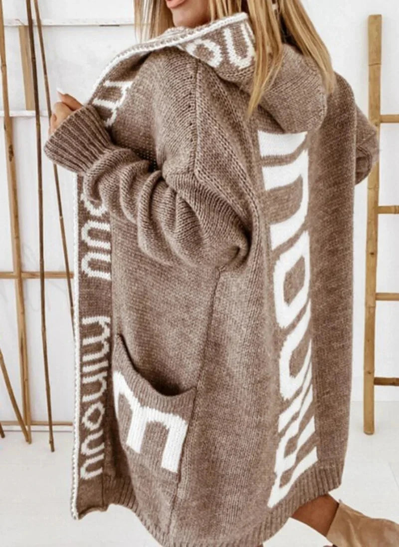 Cardigan Women Winter Printed Knitted Sweater Mid-length Pullover Hooded Cardigan Jacket Knitwears Oversized Sweater Knit Coat