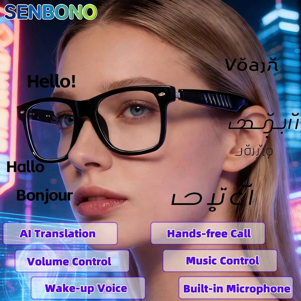 SENBONO 2026 New Smart Audio Glasses Fashion Sunglasses AI Translator 100+ Languages BT Answer Calling Music Play for Women Men