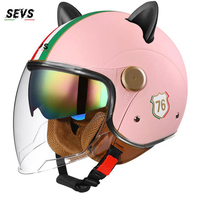 Motorcycle Helmet Retro 3C & DOT Certified Half Face ABS Helmet Dual Visor Hidden Sun Shield Removable Cute Cat Ears