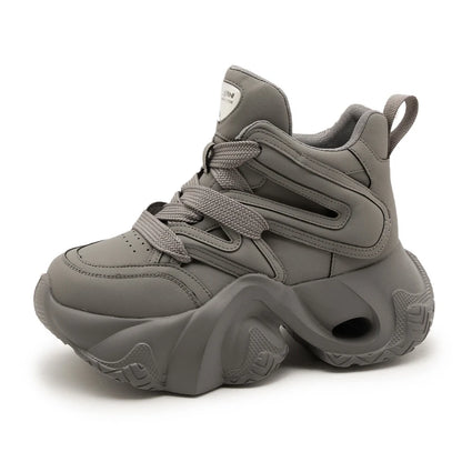 Chunky Platform Hidden Height Increasing Sneakers Casual Lace Up Shoes In White And Grey With Hollow Out Design For Streetwear