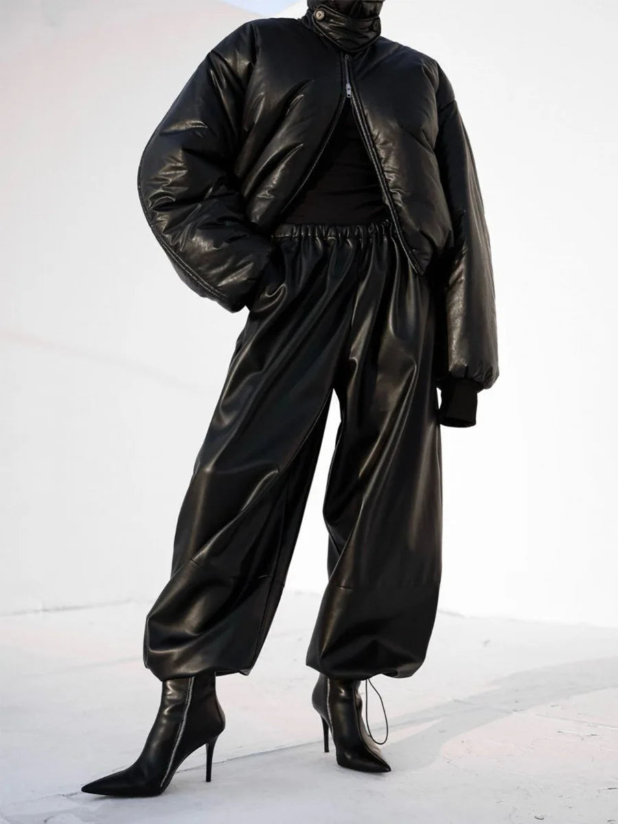 Autumn Women Pu Leather Elastic Waistband Lantern Pants Lady Casual Loose Shiny PU Trousers Trend Fashion Street Long Pants 2025