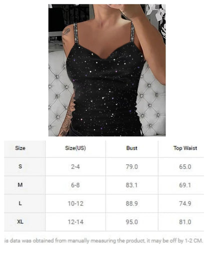 Women's Fashion Tank Top Camisole Glitter Rhinestone V-Neck Cami Tops Cross Strap Vest Female Night Club Wear Summer New Clothes