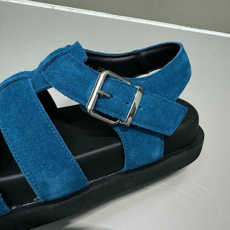 AUTUSPIN Retro Women Genuine Leather Flat Sandals Fashion Comfort Casual Buckles Shoes Woman Summer Hollow Out Sandals Round Toe