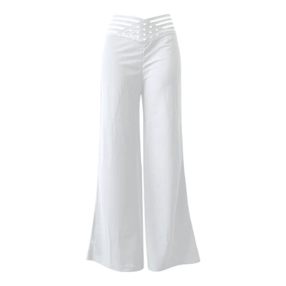 Women Wide Leg Flared Pants New Y2k Casual Crisscross Sheer Mesh Patch High Waist Trousers Elegant Streetwear Work Pants